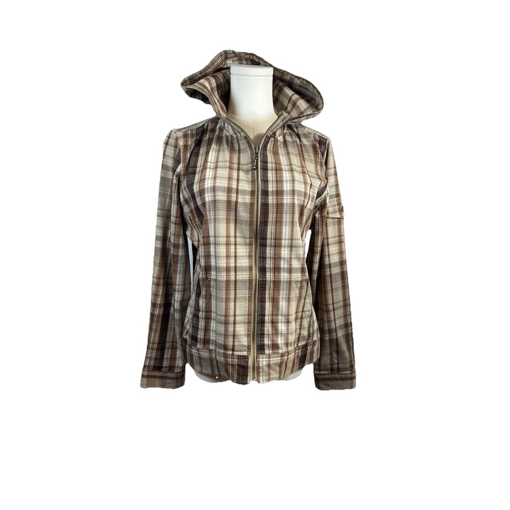 Christopher & Banks  Women's Sz Med. Jacket Browns Beige Plaid Long Sleeve Hood